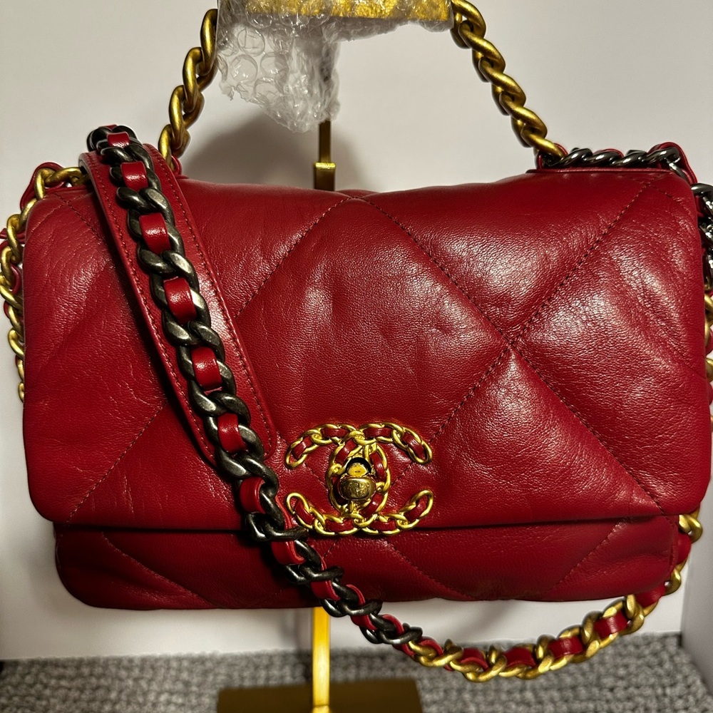 Chanel 19 Quilted Red Leather Shoulder Bag with Gold Chain